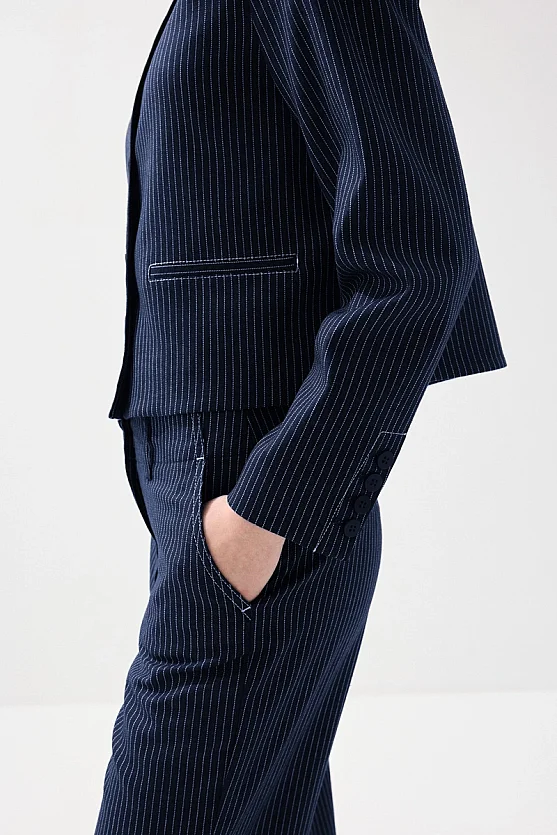 Striped Viscose Linen Pants - Navy Blue - 3