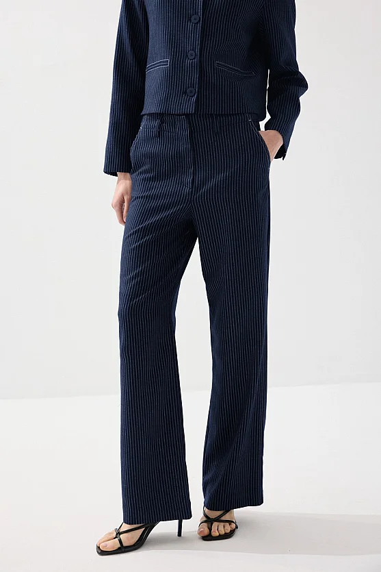 Striped Viscose Linen Pants - Navy Blue - 2