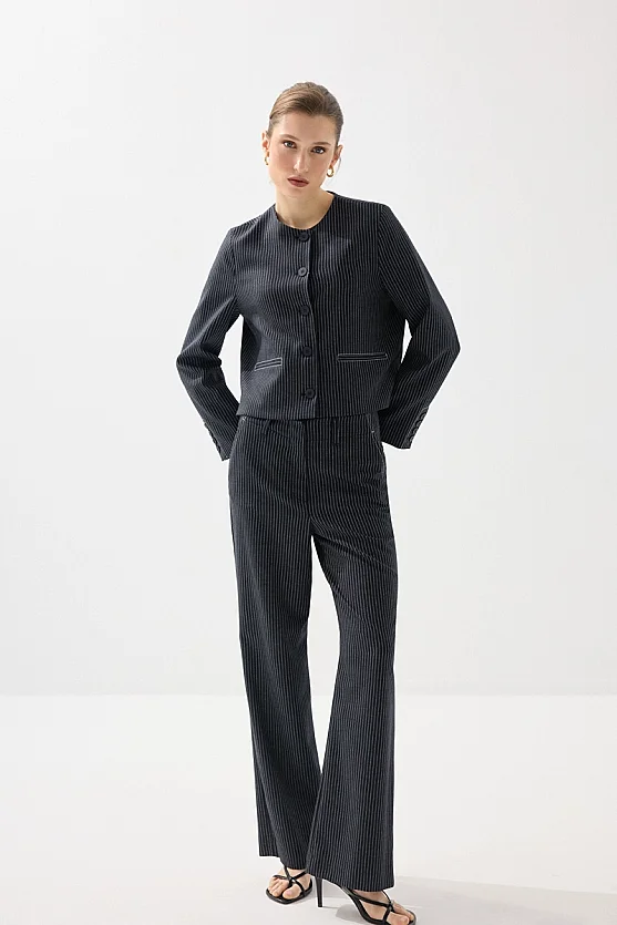 Striped Viscose Linen Pants - Navy Blue - Gusto