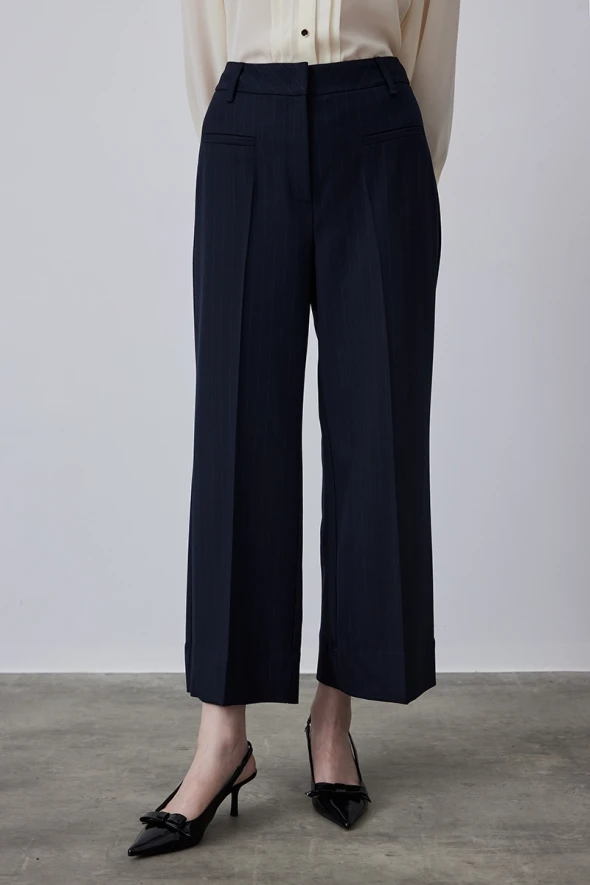 Striped Wide Leg Pants - Navy - 2