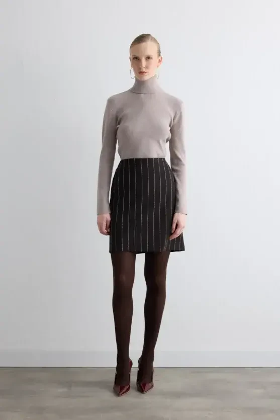 Striped Wool Mini Skirt - Brown - Gusto