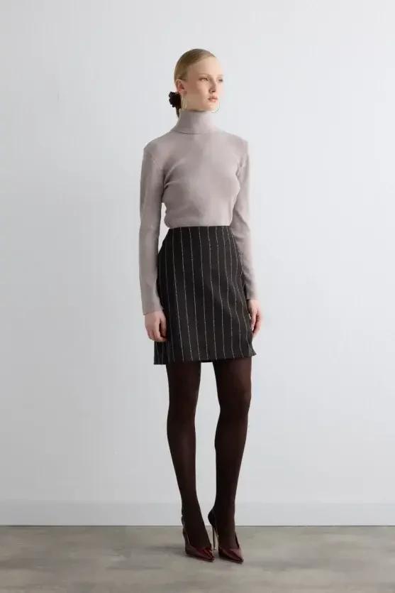 Striped Wool Mini Skirt - Brown - Gusto