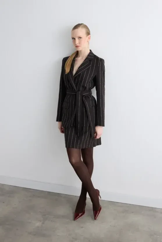 Striped Wool Mini Skirt - Brown - 1