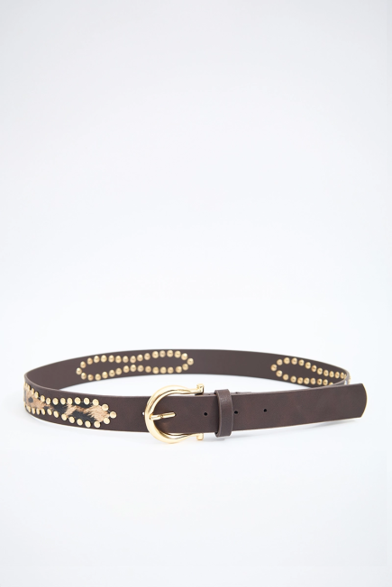 Studded Leopard Detail Leather Belt - Brown Brown