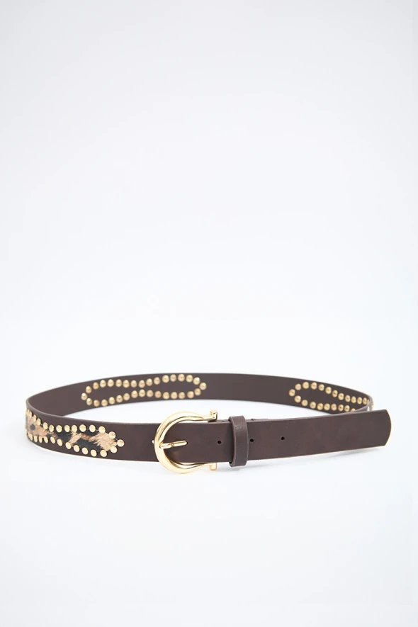 Studded Leopard Detail Leather Belt - Brown - 1