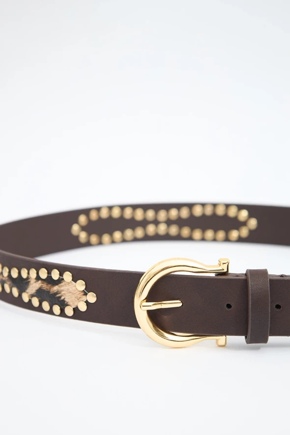 Studded Leopard Detail Leather Belt - Brown - 2