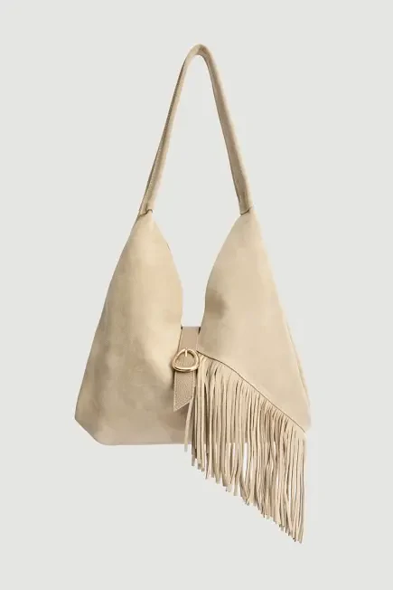 Suede Bag with Tassels and Pouch - Beige Beige