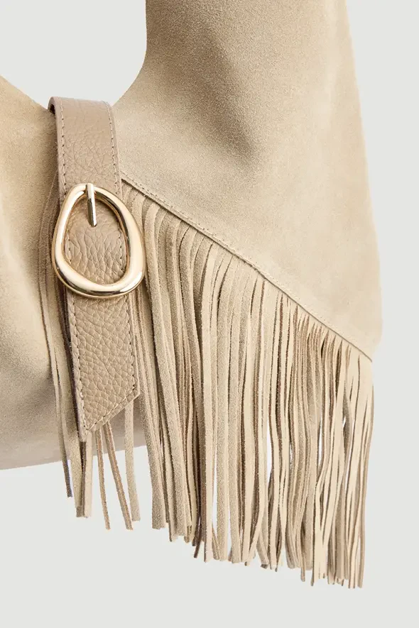 Suede Bag with Tassels and Pouch - Beige - 2