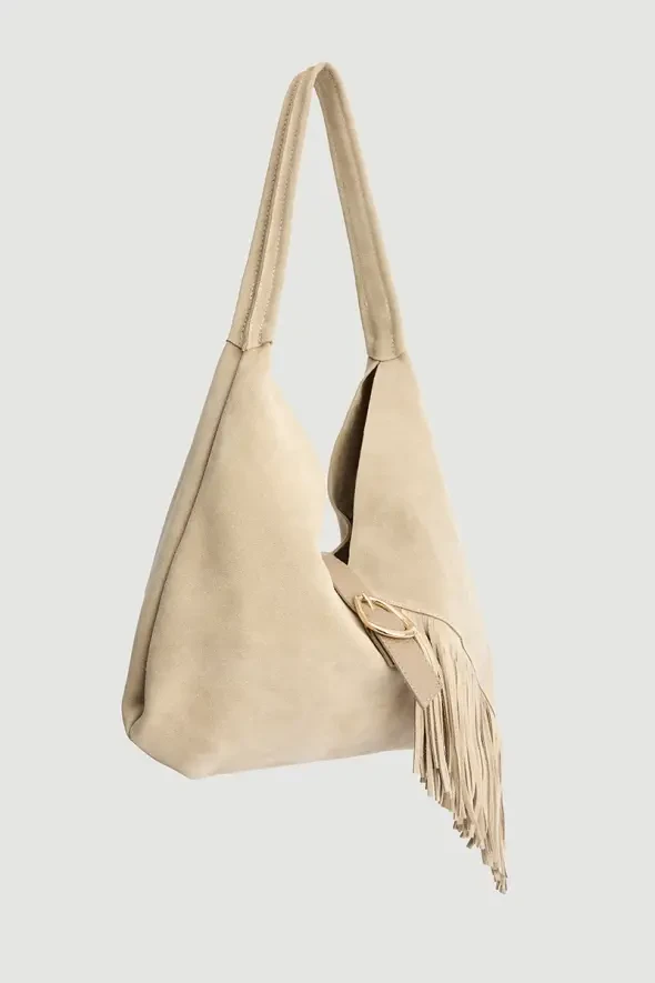 Suede Bag with Tassels and Pouch - Beige - 3