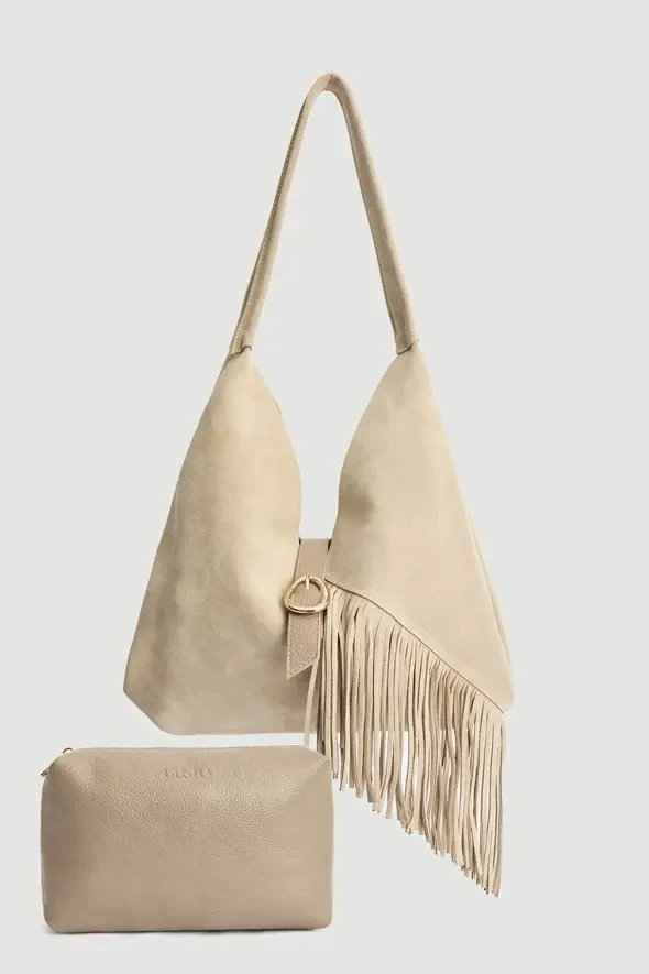 Suede Bag with Tassels and Pouch - Beige - 4