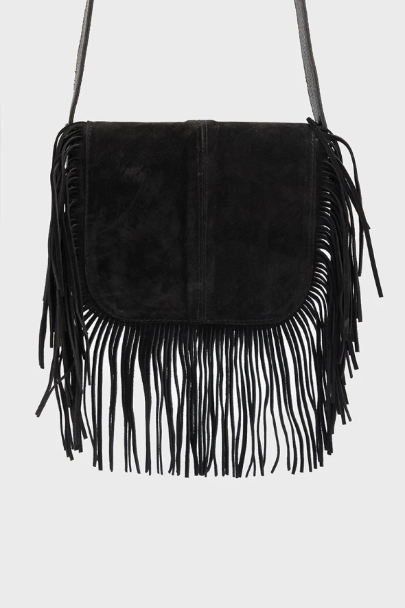 Suede Bag with Tassels - Black - 2