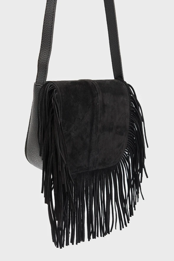 Suede Bag with Tassels - Black - 1