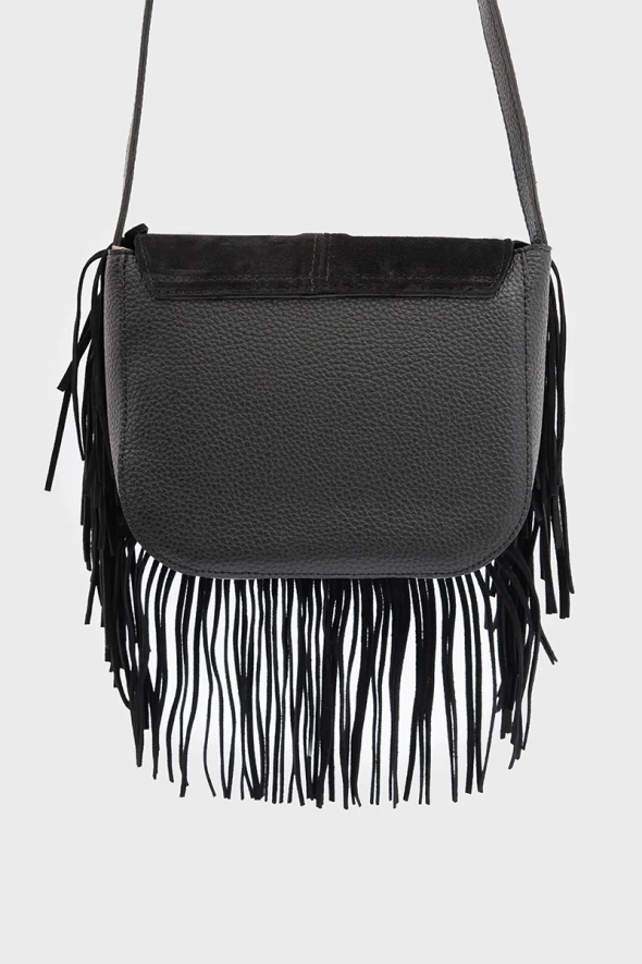 Suede Bag with Tassels - Black - 5