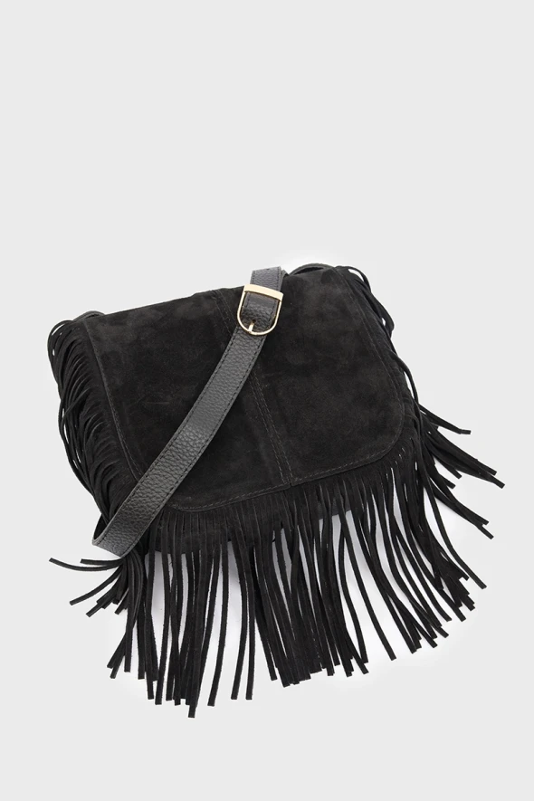 Suede Bag with Tassels - Black - 3