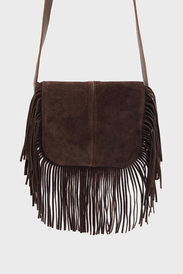 Suede Bag with Tassels - Brown - 2