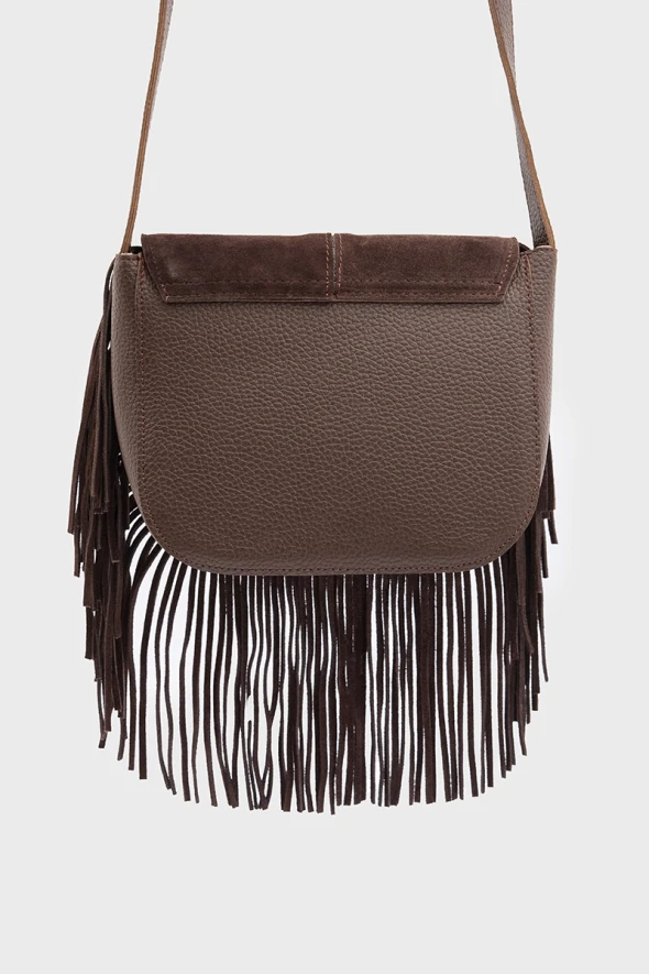 Suede Bag with Tassels - Brown - 5