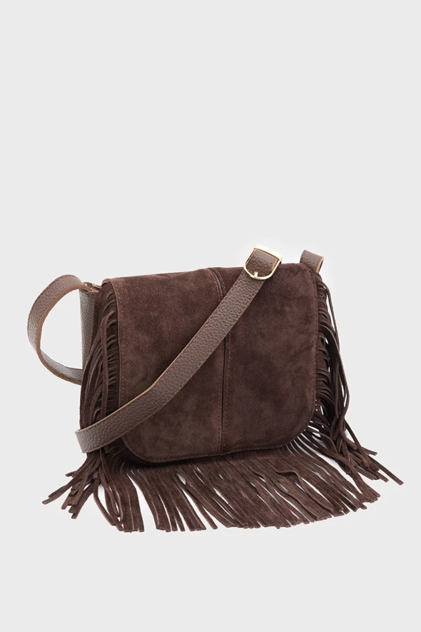 Suede Bag with Tassels - Brown - 3