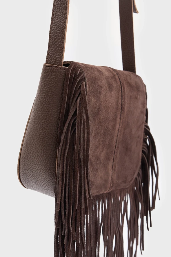 Suede Bag with Tassels - Brown - 1