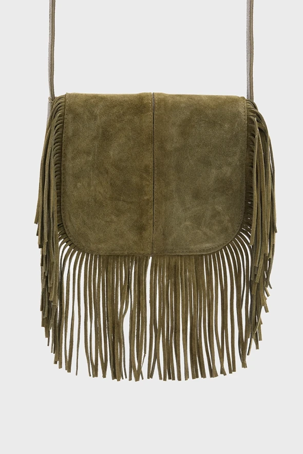 Suede Bag with Tassels - Khaki - 2