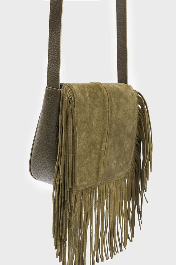 Suede Bag with Tassels - Khaki - 1