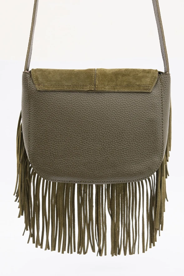 Suede Bag with Tassels - Khaki - 5