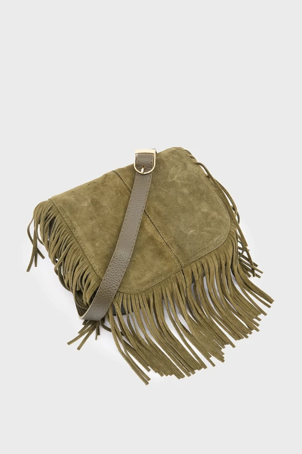 Suede Bag with Tassels - Khaki - 3