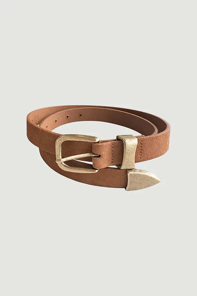 Suede Belt with Antique Buckle and Metal Bridge - Tan - Gusto (1)