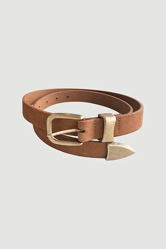 Suede Belt with Antique Buckle and Metal Bridge - Tan - Gusto