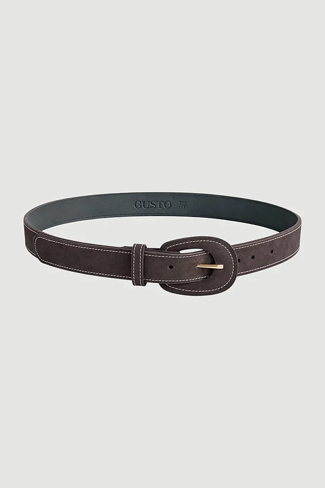 Suede Belt with Large Buckle and Stitch Detail - Brown Brown
