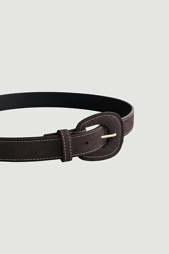 Suede Belt with Large Buckle and Stitch Detail - Brown - Gusto