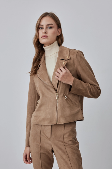 Suede Biker Coat - Camel Camel