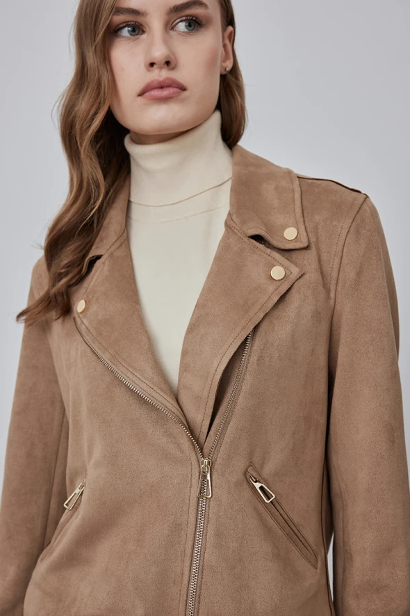 Suede Biker Coat - Camel - 3