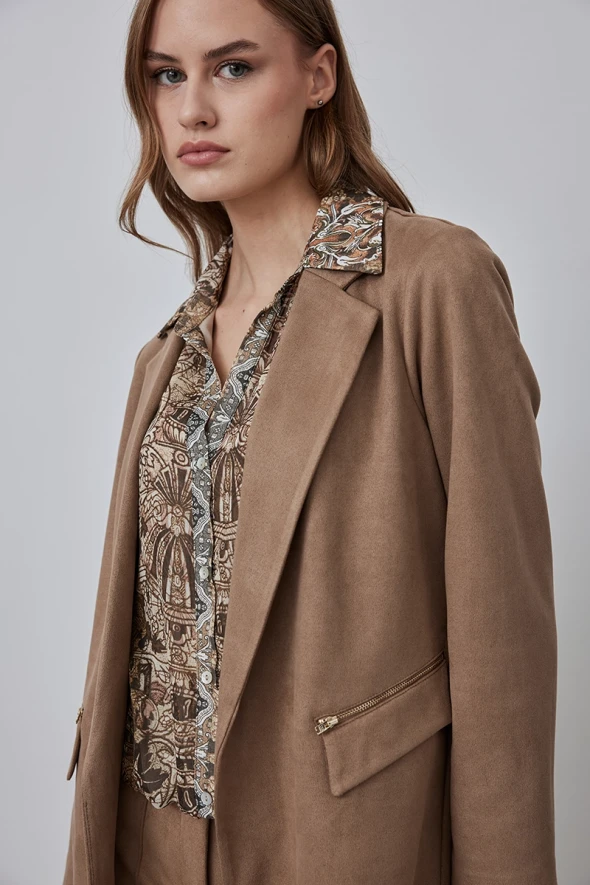 Suede Blazer Jacket - Beige - 3