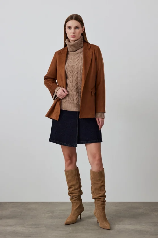 Suede Blazer Jacket - Camel - 2