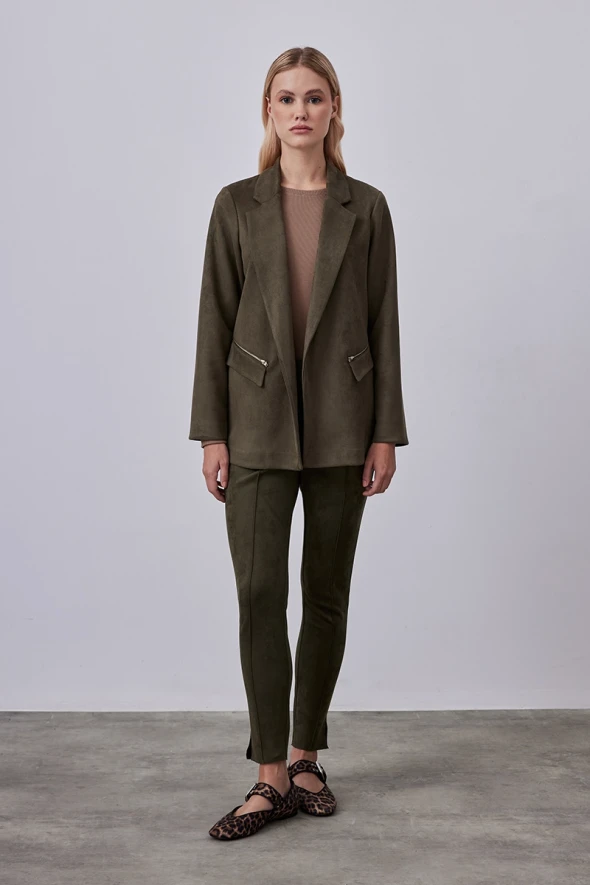 Suede Blazer Jacket- Khaki - 2