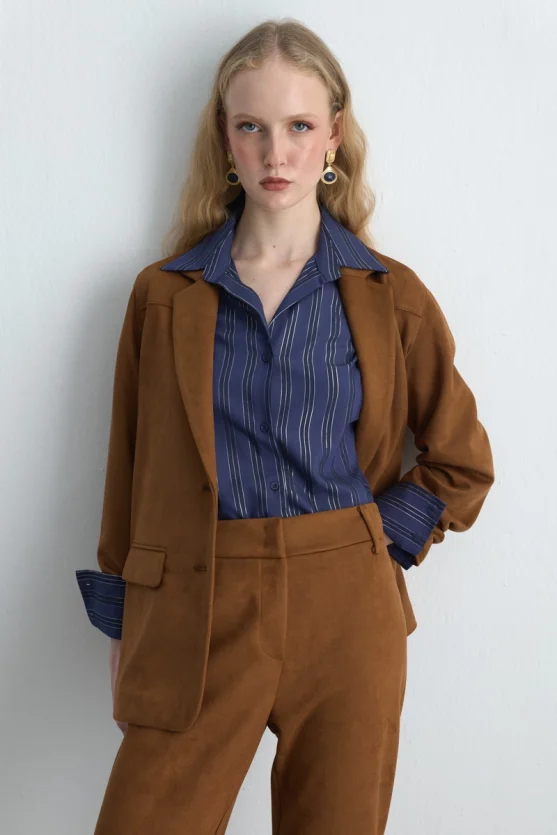 Suede Blazer Jacket - Tan - 4