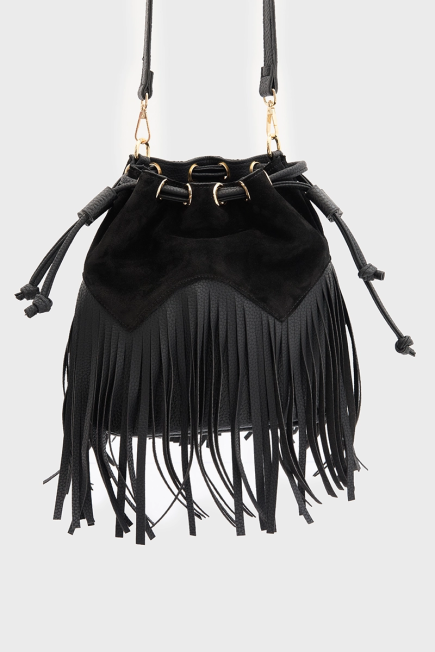 Suede Bucket Bag with Tassels - Black Black