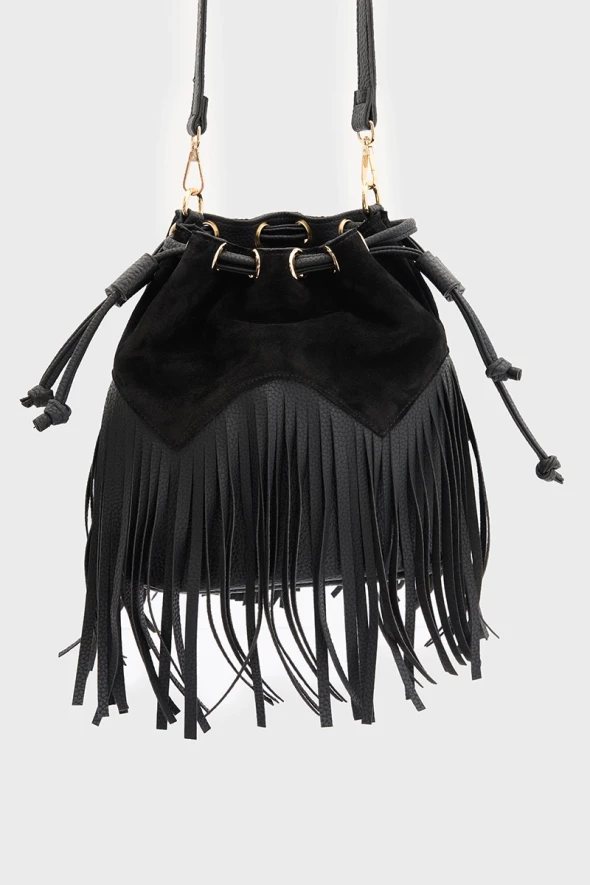 Suede Bucket Bag with Tassels - Black - 1