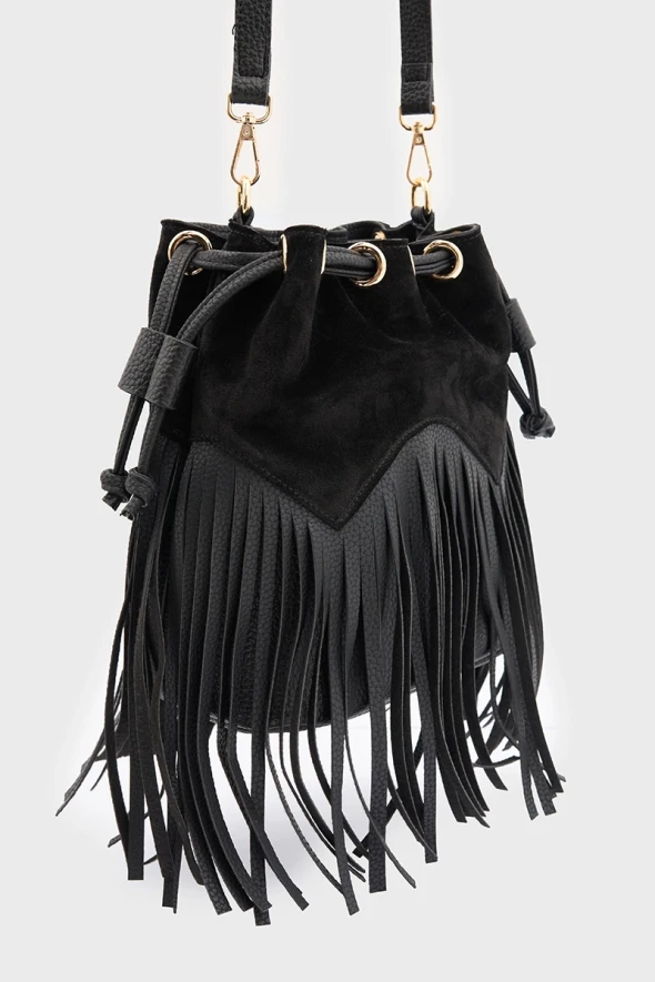 Suede Bucket Bag with Tassels - Black - 3