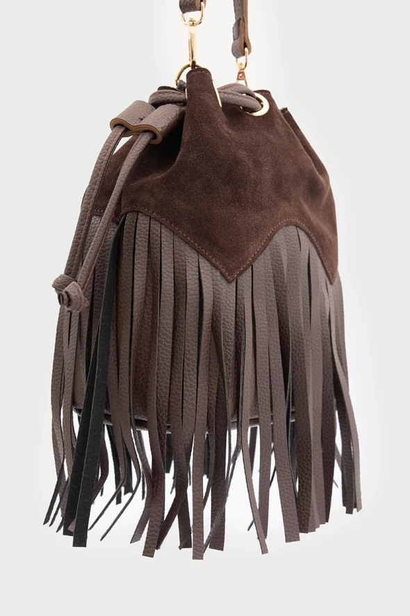 Suede Bucket Bag with Tassels - Brown - 1