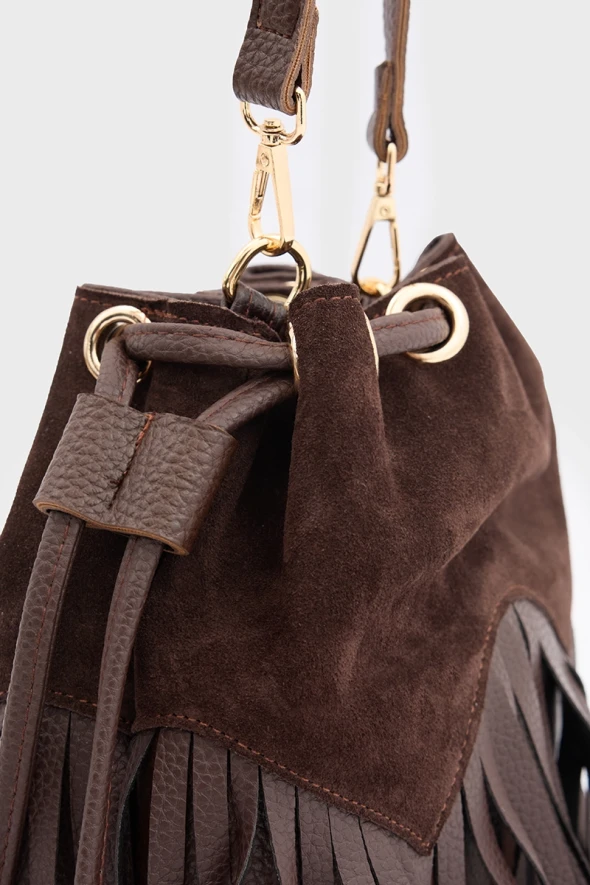 Suede Bucket Bag with Tassels - Brown - 2