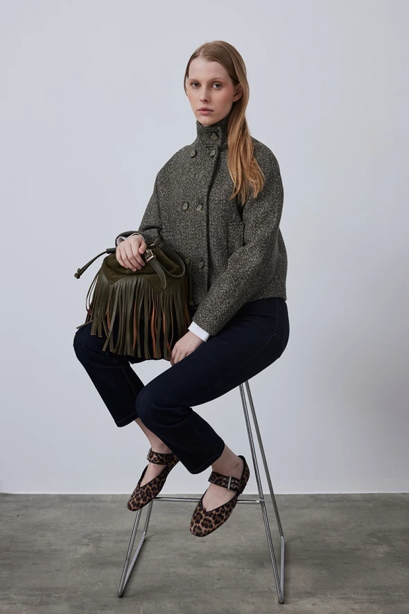 Suede Bucket Bag with Tassels - Khaki - 2