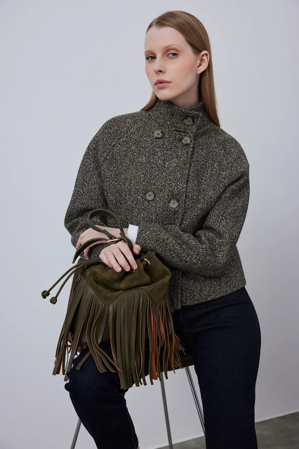 Suede Bucket Bag with Tassels - Khaki - 5