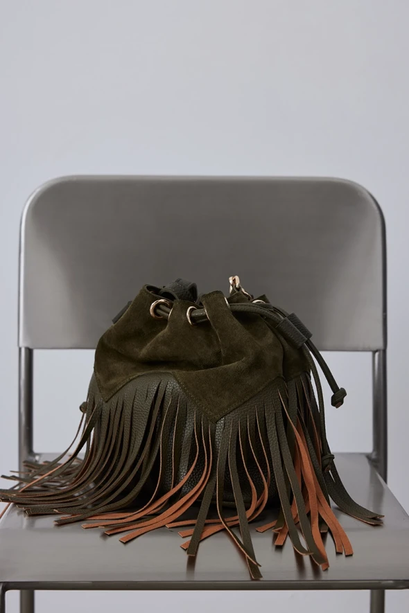 Suede Bucket Bag with Tassels - Khaki - 4