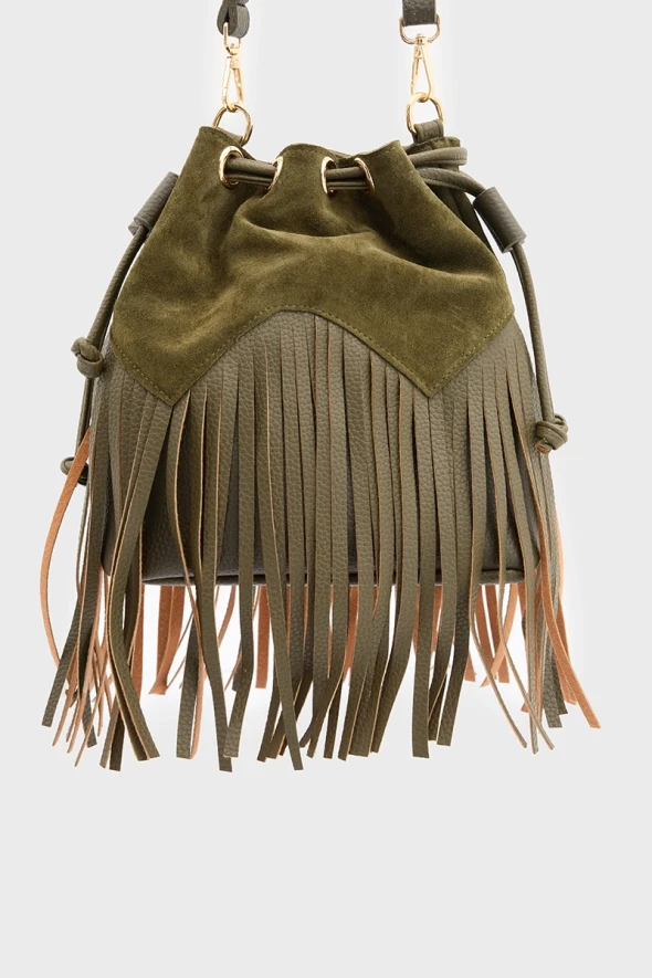 Suede Bucket Bag with Tassels - Khaki - 3