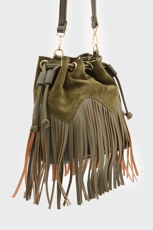 Suede Bucket Bag with Tassels - Khaki - 1