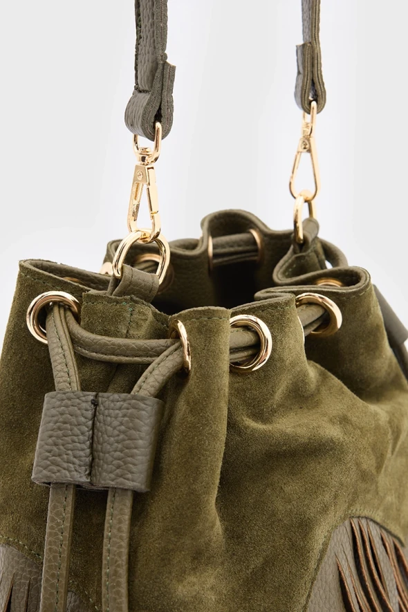 Suede Bucket Bag with Tassels - Khaki - 6