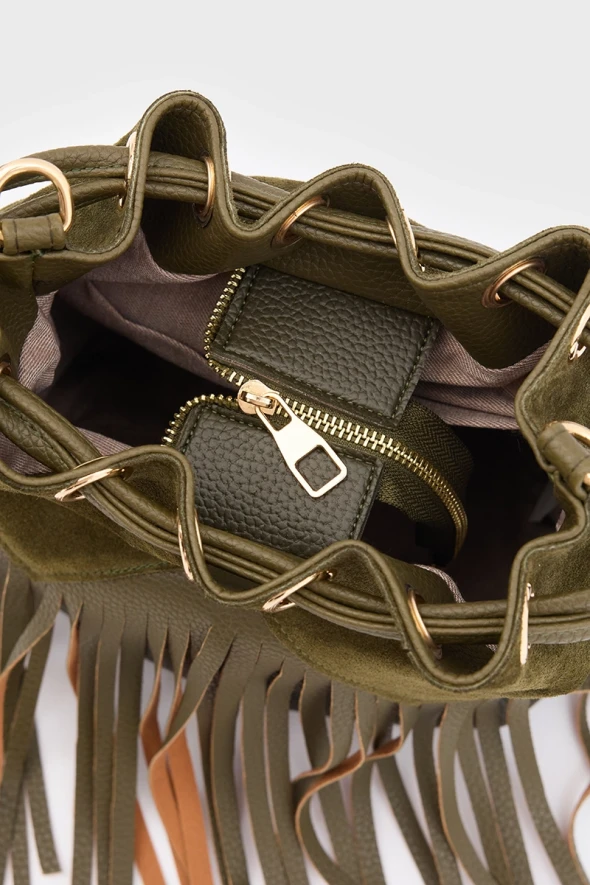 Suede Bucket Bag with Tassels - Khaki - 7