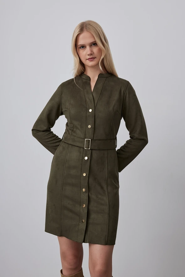 Suede Dress with Waist Belt - Khaki - 2