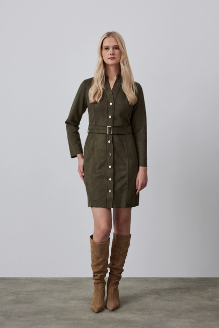 Suede Dress with Waist Belt - Khaki Khaki